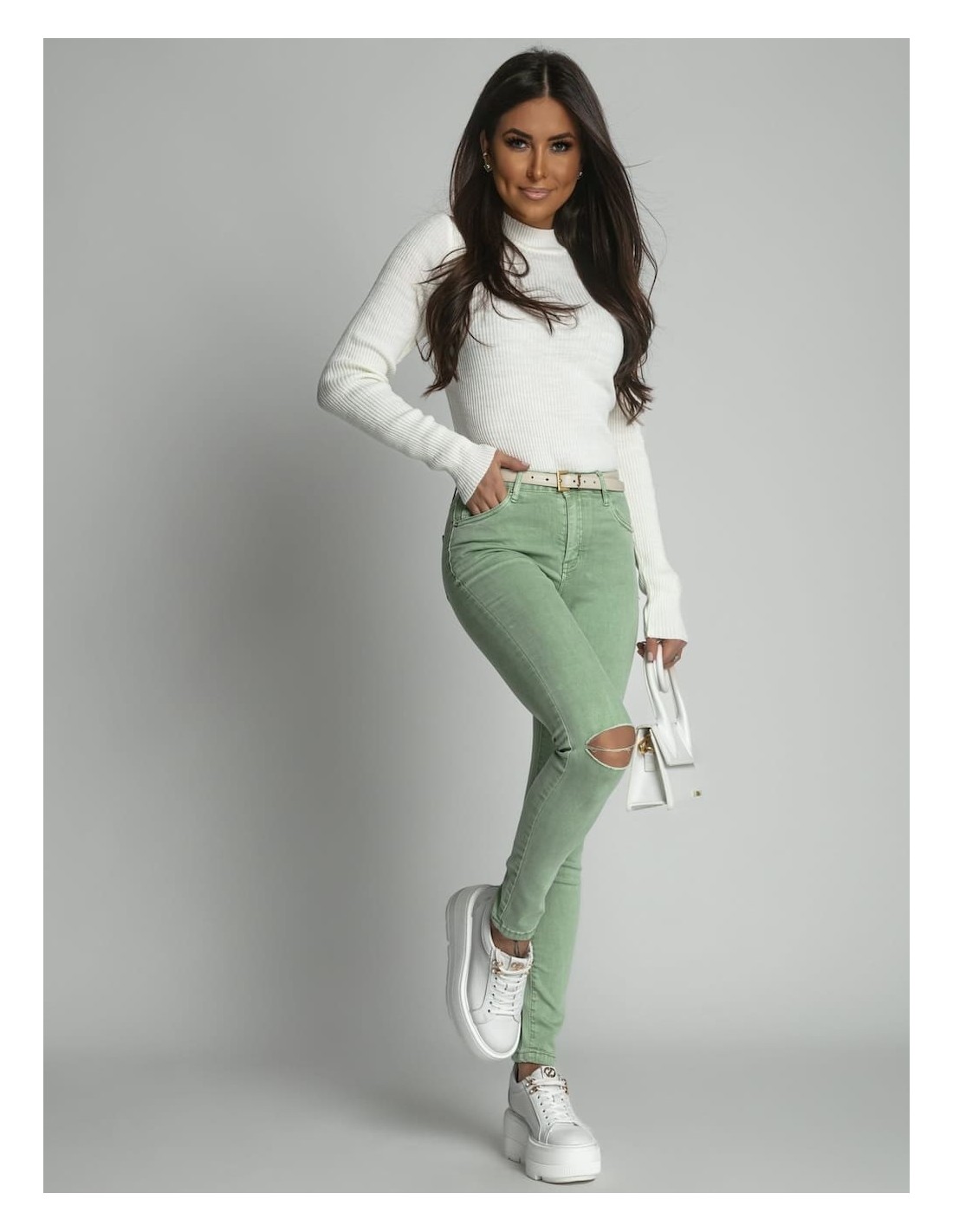 Denim pants with holes on the knees, green 66540 - Online store - Boutique